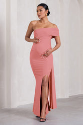 Blush Pink Bardot Split Maternity Maxi Dress With Drape Detail